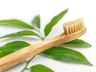 spazzolino da denti  ecologico e di legno isolato  su sfondo neutro tra foglie di menta - obrazy, fototapety, plakaty