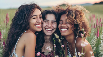 Obraz premium A group of young women standing next to each other, smiling and chatting outdoors