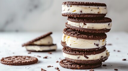 Stack of chocolate cookies with vanilla ice cream in between on a light background - obrazy, fototapety, plakaty