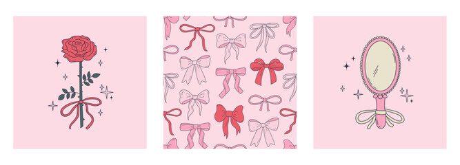 Set of pastel colored coquette style posters with rose flower, bows and ribbons, mirror. Cute vintage accessories on pink background. Romantic girly prints. Vector illustrations