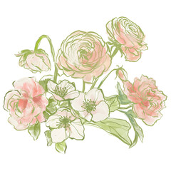 Oil painting abstract bouquet of ranunculus, rose and jasmine. Hand painted floral composition isolated on white background. Holiday Illustration for design, print, fabric or background.