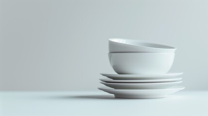 A stack of white ceramic bowls and plates on a light background