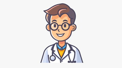 Cartoon image of the medical profession The cheerful and friendly doctor wears a white coat and has a stethoscope around his neck.