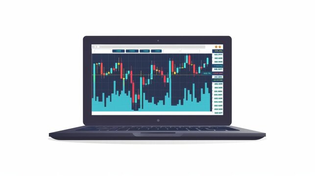 Charts and stock exchange candle graphs on laptop screen, white background