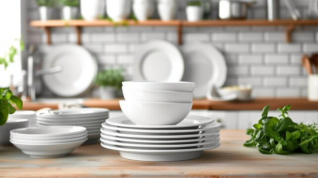 Stacks of clean white dishes on a kitchen counter with fresh herbs and shelves.