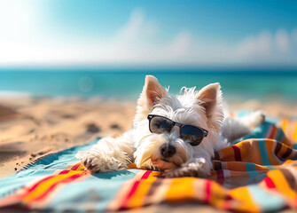 White West Highland Terrier wearing sunglasses resting on a mat on the sea beach during the summer holidays. Cute puppy sunbathing on the sandy beach. Traveling with Pets