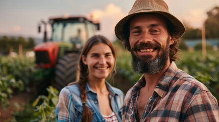 Closeup of smiling organic gardeners farmers male and female with bokeh garden farm background with tractor happy farm couple agricultural background