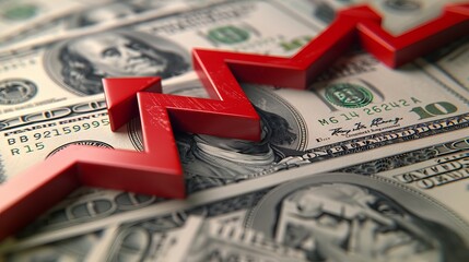 Red arrow on 100 dollar bill, economic crisis concept - obrazy, fototapety, plakaty