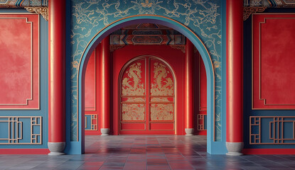 Chinese classical door in the temple, Chinese New Year classic interior design beautiful walls
