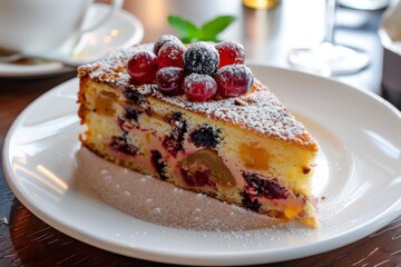 Berry-Topped Sponge Cake with Dusting of Icing Sugar. Generative AI.