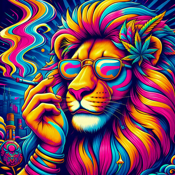 Digital art of a psychedelic cool lion with sunglasses smoking a blunt