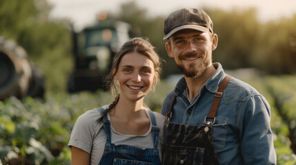 Closeup of smiling organic gardeners farmers male and female with bokeh garden farm background with tractor happy farm couple agricultural background