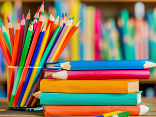 Fototapeta premium Mehrere Buntstifte in Nahaufnahme, Schule Beruf, KI generiert
