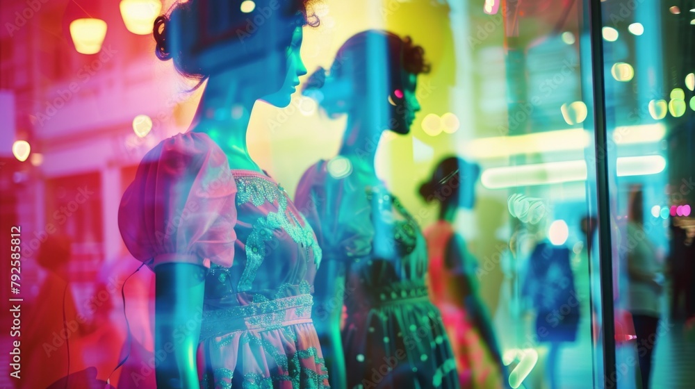 Poster a group of mannequins are displayed in a store window