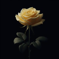 single long stemmed light yellow rose in mid bloom, against an all-black background