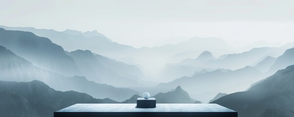 Serene mountain landscape with a blurred horizon, a subtle blend of gray and blue tones
