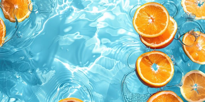 Creative summer background with orange fruit slices in swimming pool water. Summer wallpaper with copy space.