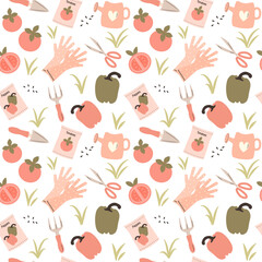 cute hand drawn springtime seamless vector pattern background illustration with tomatoes, gardening tools, peppers, watering can, vegetable seeds, gloves and grass