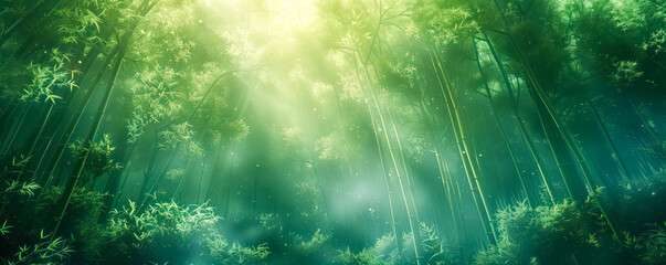 Abstract background of sunrise in foggy bamboo forest. Banner and wallpaper concept.