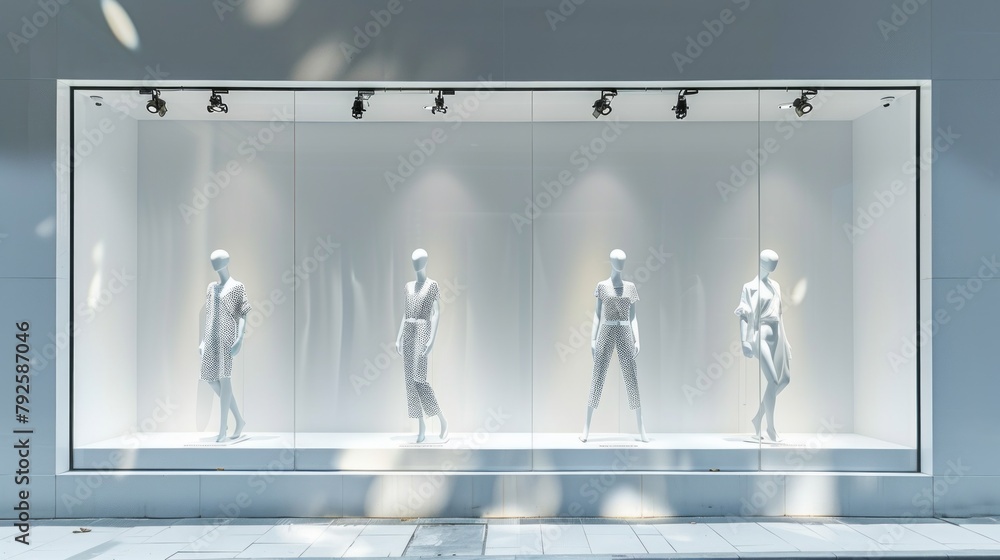 Poster the window display features four mannequins dressed in different outfits