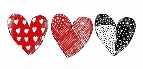 Set of Three Heart Doodles, Distinct Hand-Drawn Designs - Affection, Creativity, Personal Touch - Greeting Cards.