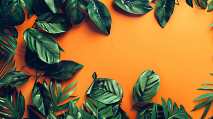 Creative layout made with leaves on bright orange background