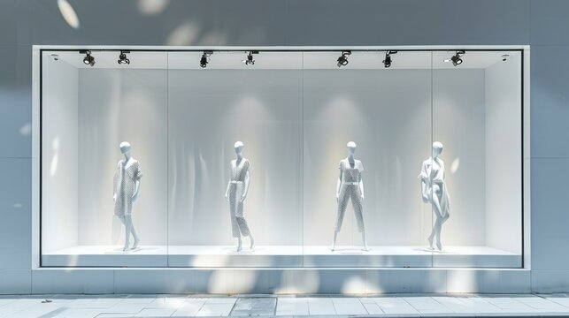 The window display features four mannequins dressed in different outfits