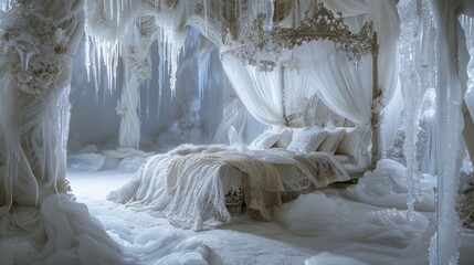 Framed by a stunning ice canopy the bed is lavishly adorned with delicate lace accents and luxurious linens creating a pictureperfect setting for a romantic winter retreat. 2d flat cartoon.