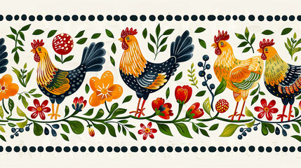 Pattern, ornament with roosters and flowers. Design for printing on fabric or paper. Watercolor colorful illustration. Easter card, cover - obrazy, fototapety, plakaty