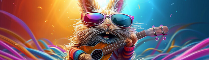 A rabbit is playing a guitar with sunglasses on. The rabbit is wearing a colorful outfit and is surrounded by colorful ribbons. The image has a fun and playful mood