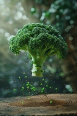 Exquisite macro shot captures a broccoli in mid-air levitation, set against a warm brown backdrop. AI Generated