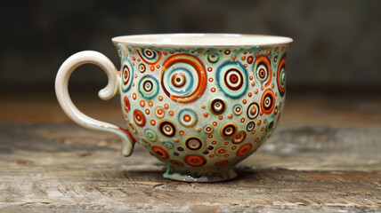 A ceramic tea cup featuring a whimsical pattern of swirls and dots - obrazy, fototapety, plakaty