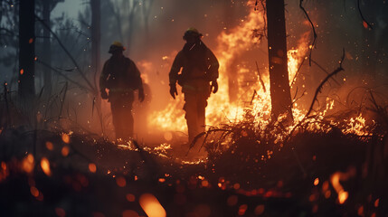 Firefighters fighting a wildfire. Firemen extinguishing a blazing wild fire in nature.