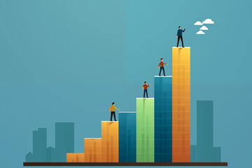 Business graphic vector modern style illustration of a business person in a workplace environment showing a bar graph chart financial results presentation display statistics company rundown target