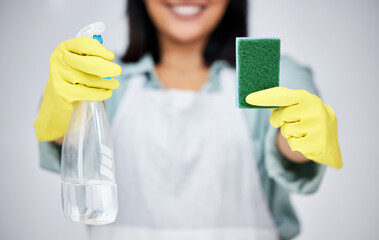 Person, hands and cleaner with spray bottle or sponge for kitchen counter or dirty furniture in...