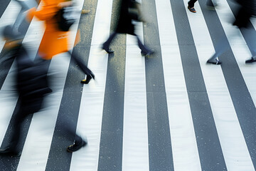 The rhythmic stride of pedestrians is blurred as they navigate a zebra crossing, a snapshot of motion and urban tempo on a busy street. AI Generated