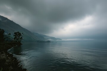 Shot between the river and Lake Toba in cloudy weather - generative ai 