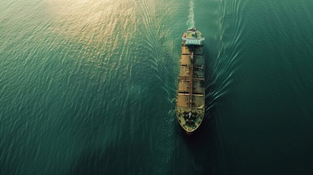 A closeup aerial shot of one particular ship as it sails through the calm waters of the aroundtheclock biofuelpowered shipping lanes. The ships hulking figure is dwarfed by the expansive .