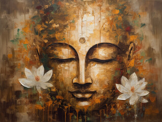 Buddha face with lotus flowers on grunge background. Painting in golden tones. Meditating  Buddha, Portrait. Golden Buddha