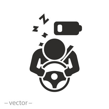 sleeping man the while driving icon, drowsy fatigued driver, tired or drowsy person on road, flat symbol on white background - vector illustration