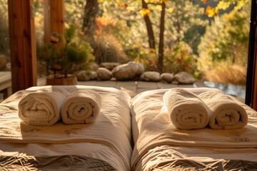 Wellness retreat spa setup with plush towels and serene garden view. AI Generated
