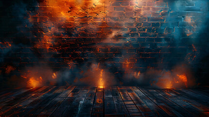 Dark basement room empty old brick wall sparks of fire