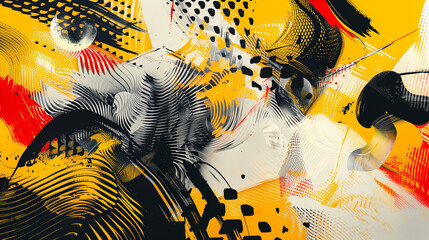 Composición artística abstracta, fondo amarillo con detalles negros y rojos