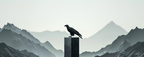 Naklejka premium Mystical raven perched on a pillar against a backdrop of towering mountain peaks
