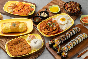 Korean food, stir-fried pork, spicy, anchovy, gimbap, side dish, pickled radish, egg, fried, kimchi, fried dumplings, tteokbokki, omurice, rice, chicken, karaage, sirloin, pork cutlet, sauce
