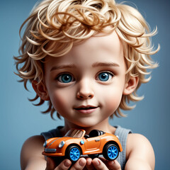 Kleiner Junge mit Spielzeugauto - obrazy, fototapety, plakaty
