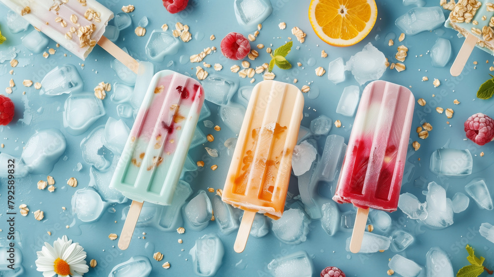 Canvas Prints Colorful fruit popsicles surrounded by ice cubes, berries, and orange slices on a blue background