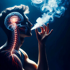 Illustration of human anatomy during exhalation and connection with the human brain system. - obrazy, fototapety, plakaty
