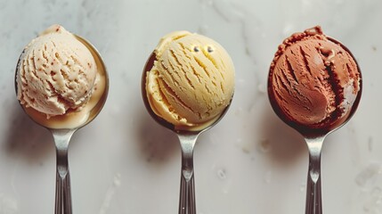 Three scoops of ice cream on spoons with a marble background.
