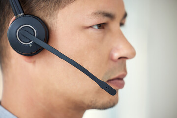 Customer service, consulting and man with headset in office for call center, communication and...